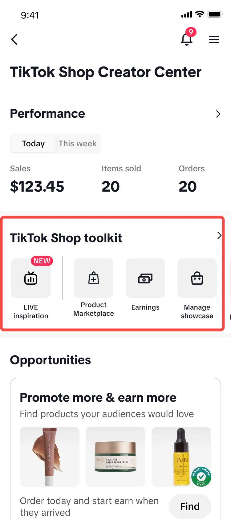 Ví dụ vị trí công cụ trong giao diện TikTok Shop