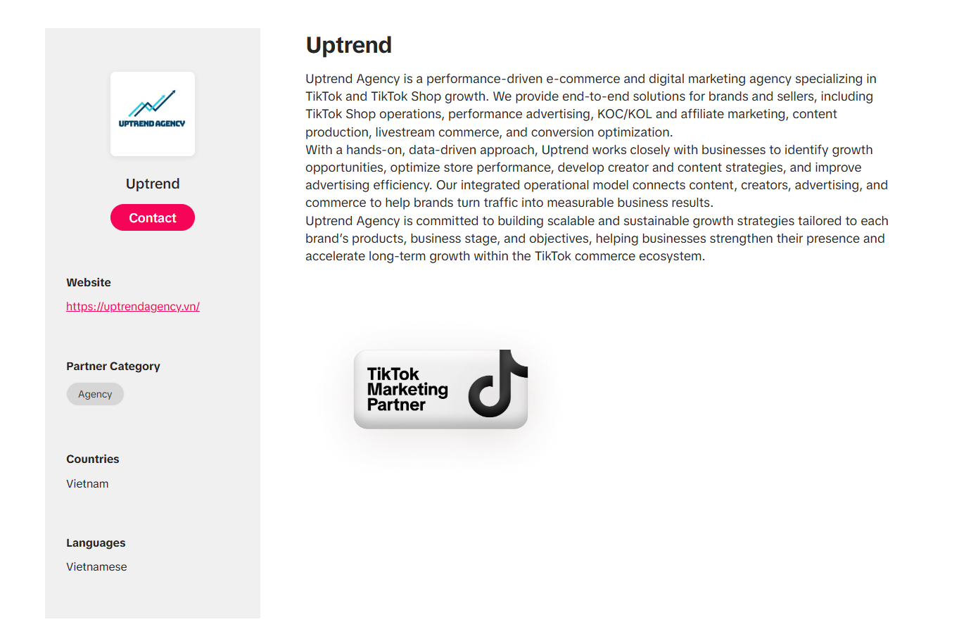 Hồ sơ Uptrend trong danh mục Agency trên TikTok Marketing Partners