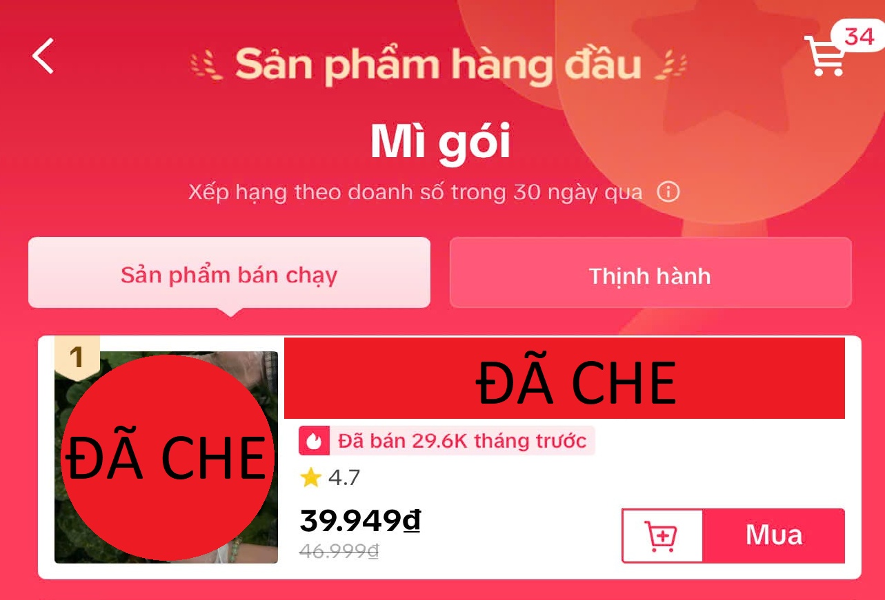 Ảnh chụp bảng “Sản phẩm bán chạy” ngành hàng Mì gói, xếp theo doanh số 30 ngày tại thời điểm ghi nhận. Chỉ che tên và phần hình ảnh sản phẩm theo ảnh được cung cấp; giữ nguyên hạng 1, lượt bán, đánh giá và giá bán.